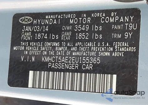 2014 Hyundai Accent Gs from USA, damaged, VIN KMHCT5AE2EU155365